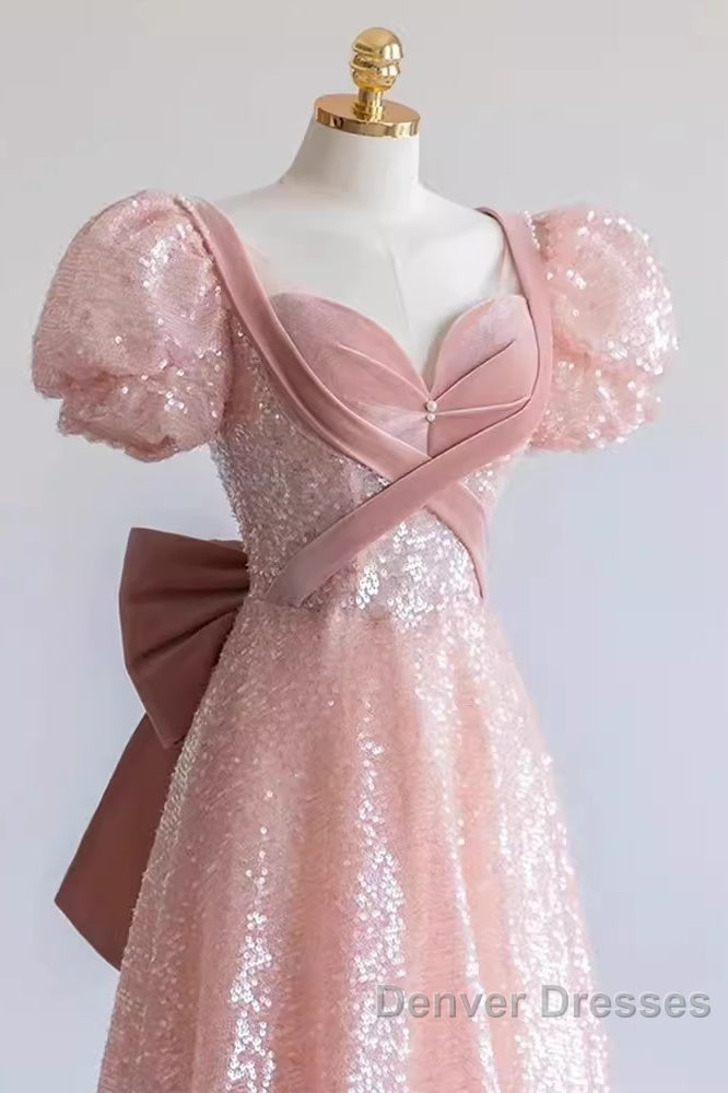 Pretty A Line Sweetheart Short Sleeves Long Evening Party Dress Pink Prom Dress