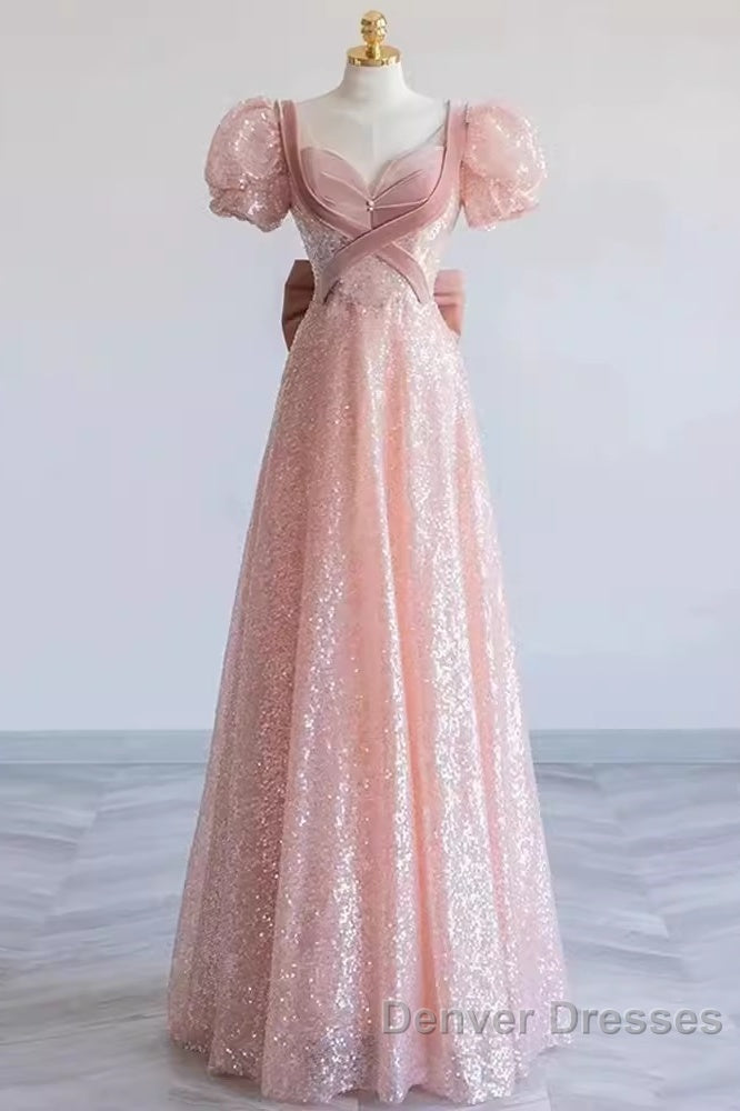 Pretty A Line Sweetheart Short Sleeves Long Evening Party Dress Pink Prom Dress