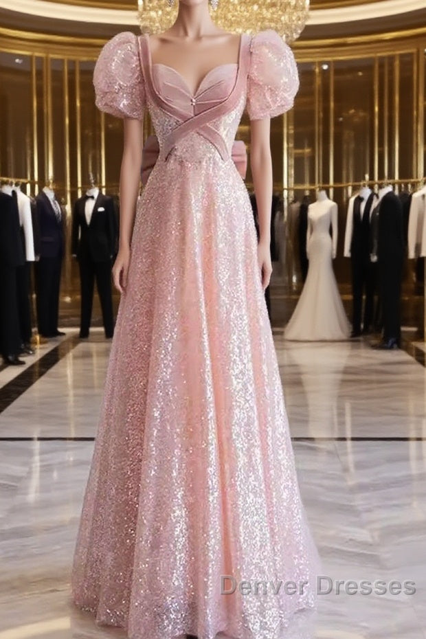 Pretty A Line Sweetheart Short Sleeves Long Evening Party Dress Pink Prom Dress Main image