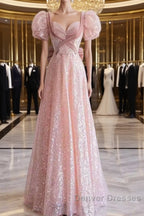 Pretty A Line Sweetheart Short Sleeves Long Evening Party Dress Pink Prom Dress