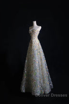 Pretty A Line Sweetheart Tulle Floral Long Prom Dress Evening Gowns