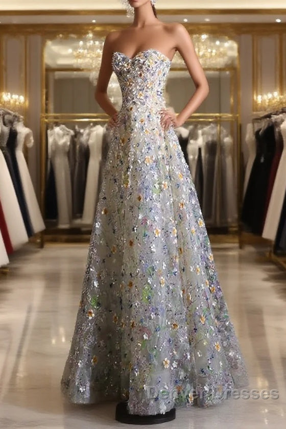 Pretty A Line Sweetheart Tulle Floral Long Prom Dress Evening Gowns Main image