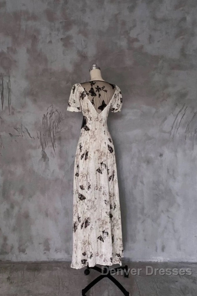 Pretty A Line V Neckline Floral Long Prom Dress Birthday Dress For Women
