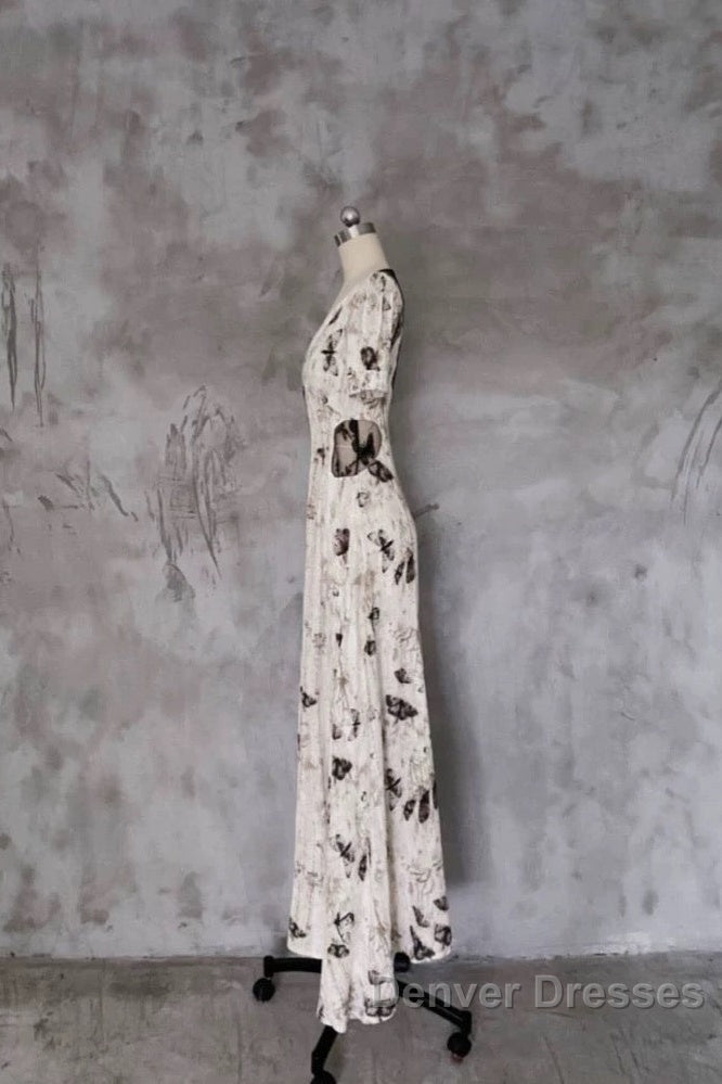 Pretty A Line V Neckline Floral Long Prom Dress Birthday Dress For Women