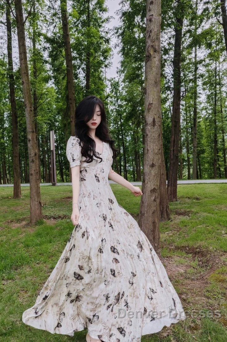 Pretty A Line V Neckline Floral Long Prom Dress Birthday Dress For Women