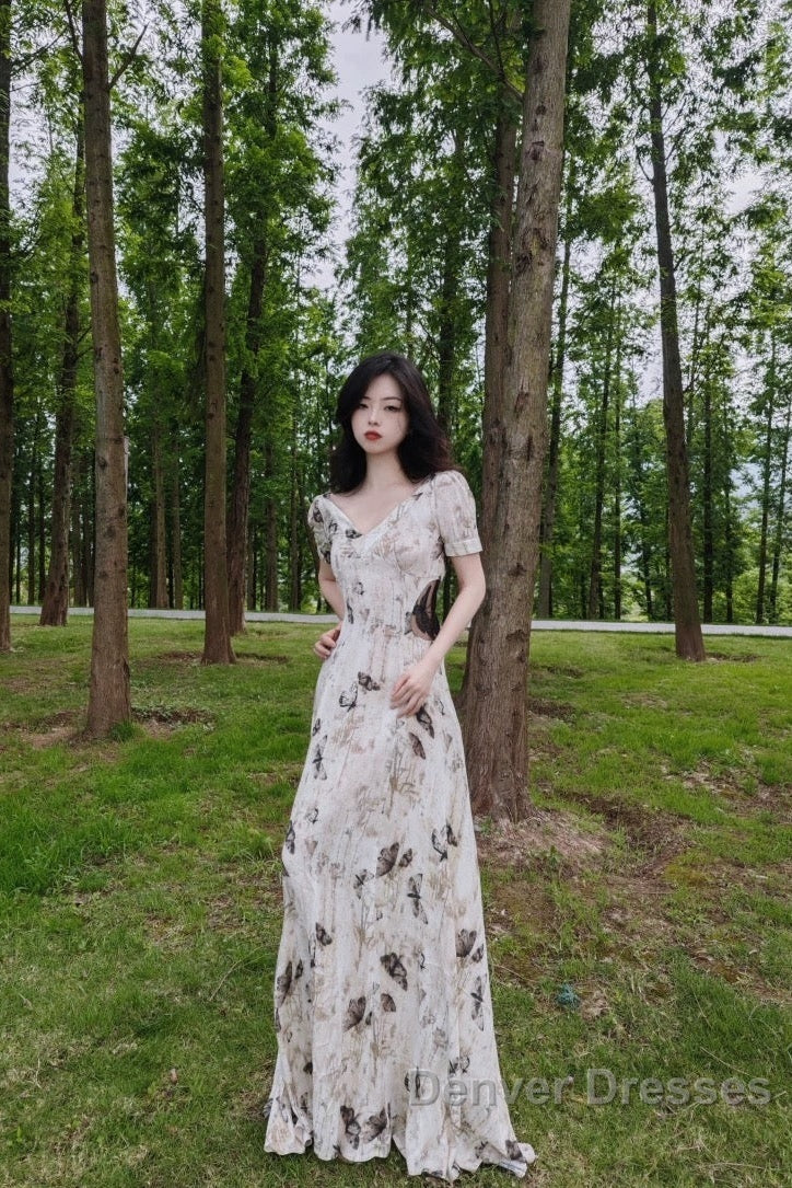 Pretty A Line V Neckline Floral Long Prom Dress Birthday Dress For Women