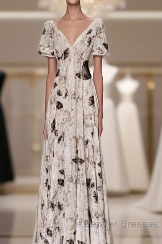 Pretty A Line V Neckline Floral Long Prom Dress Birthday Dress For Women Main image