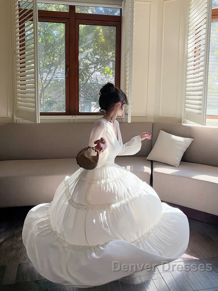 Pretty A Line V Neckline Long Sleeves Chiffon White Ankle Length Evening Dress Prom Dress