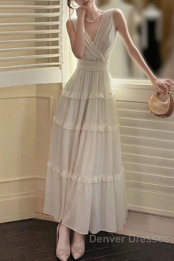 Pretty A Line V Neckline Long Sleeves Chiffon White Ankle Length Evening Dress Prom Dress Main image