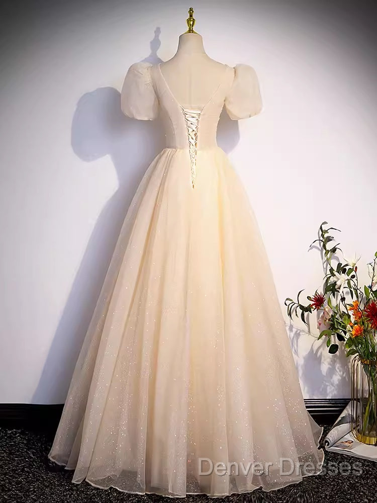 Pretty A Line V Neckline Short Sleeves Long Evening Party Dress Prom Dress