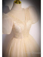 Pretty A Line V Neckline Short Sleeves Long Evening Party Dress Prom Dress