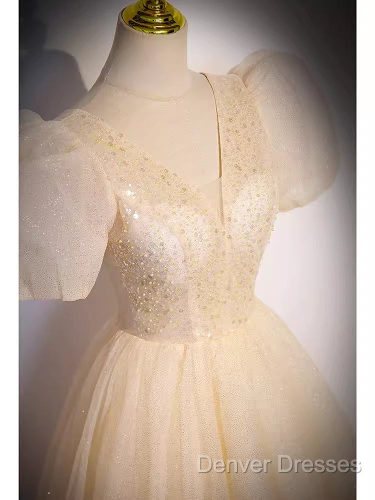 Pretty A Line V Neckline Short Sleeves Long Evening Party Dress Prom Dress