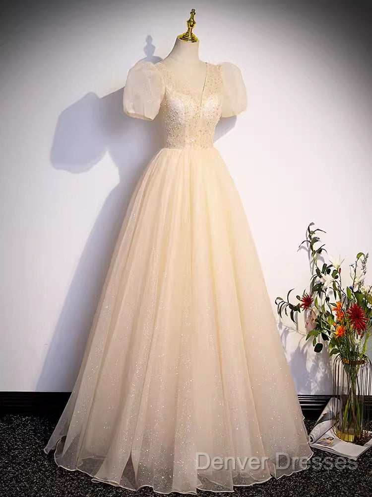 Pretty A Line V Neckline Short Sleeves Long Evening Party Dress Prom Dress
