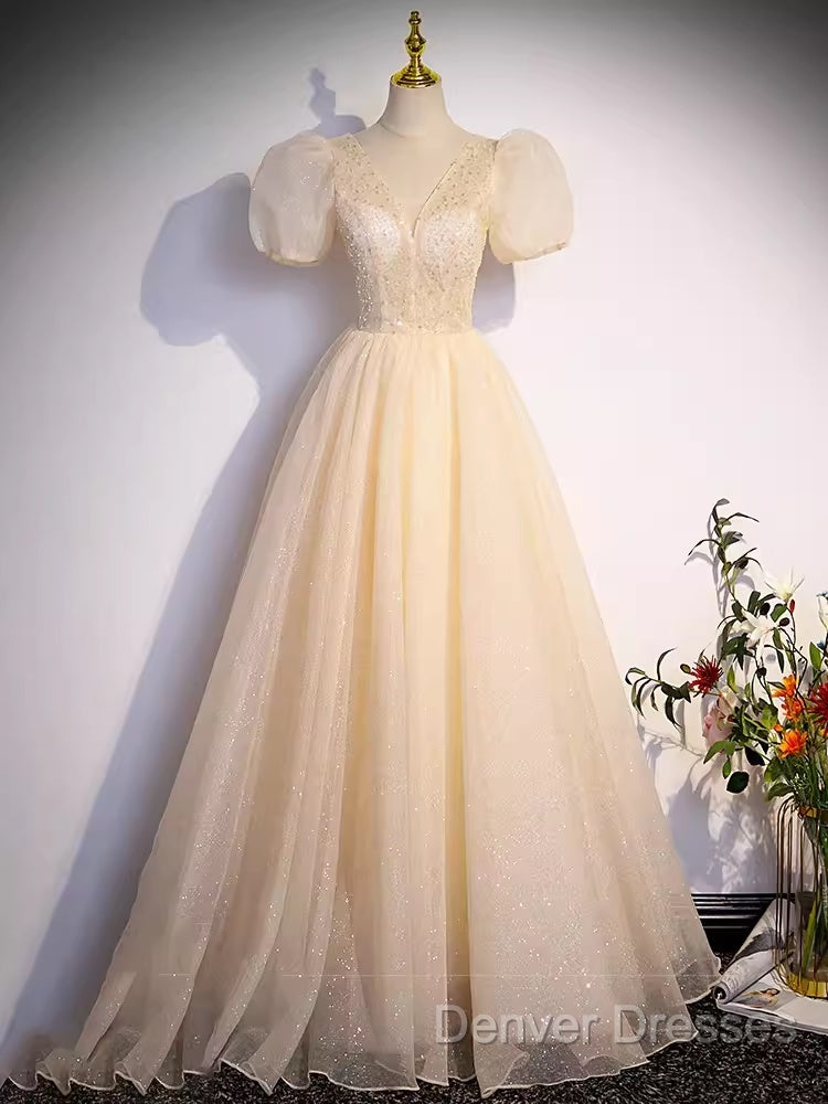 Pretty A Line V Neckline Short Sleeves Long Evening Party Dress Prom Dress