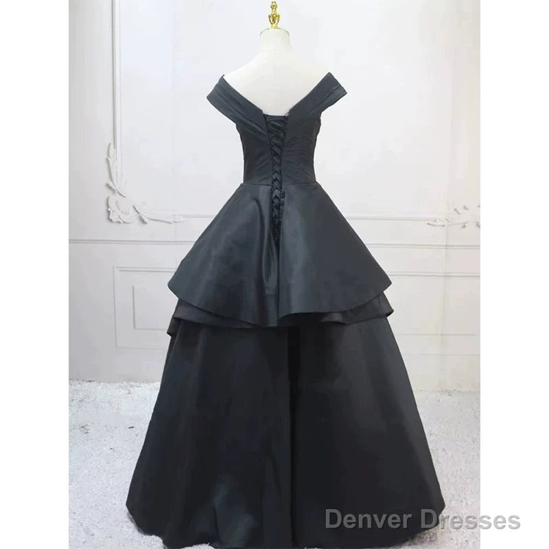 Pretty Ball Gown Off The Shoulder Black Satin Prom Dresses Evening Dress Secondary image