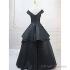 Pretty Ball Gown Off The Shoulder Black Satin Prom Dresses Evening Dress