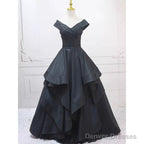 Pretty Ball Gown Off The Shoulder Black Satin Prom Dresses Evening Dress