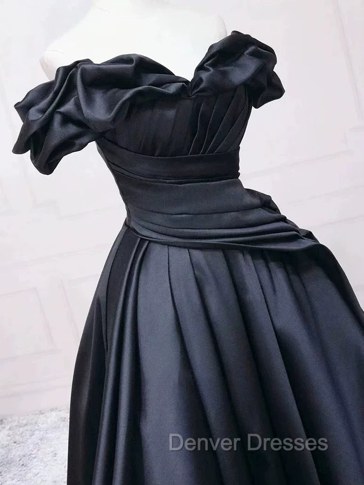 Pretty Ball Gown Off The Shoulder Black Satin Prom Dress Evening Dress With Pleated