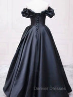 Pretty Ball Gown Off The Shoulder Black Satin Prom Dress Evening Dress With Pleated
