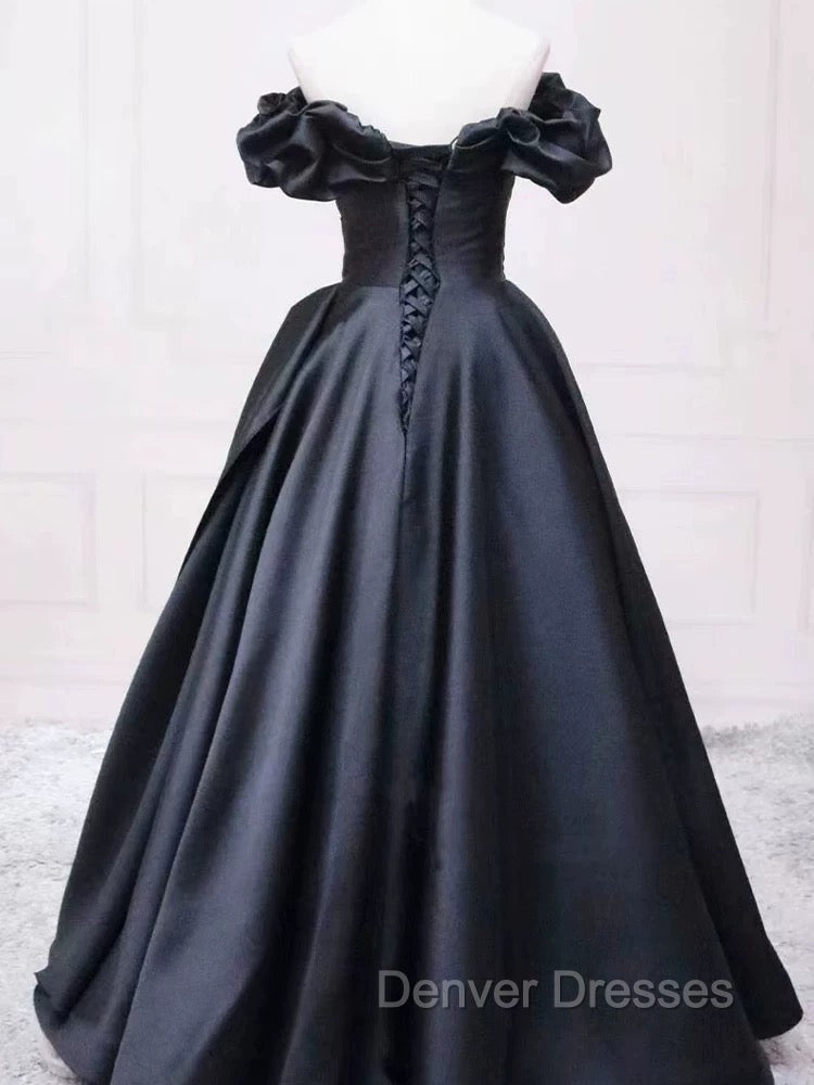 Pretty Ball Gown Off The Shoulder Black Satin Prom Dress Evening Dress With Pleated