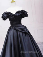 Pretty Ball Gown Off The Shoulder Black Satin Prom Dress Evening Dress With Pleated