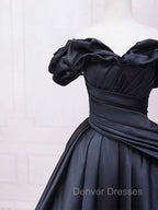 Pretty Ball Gown Off The Shoulder Black Satin Prom Dress Evening Dress With Pleated