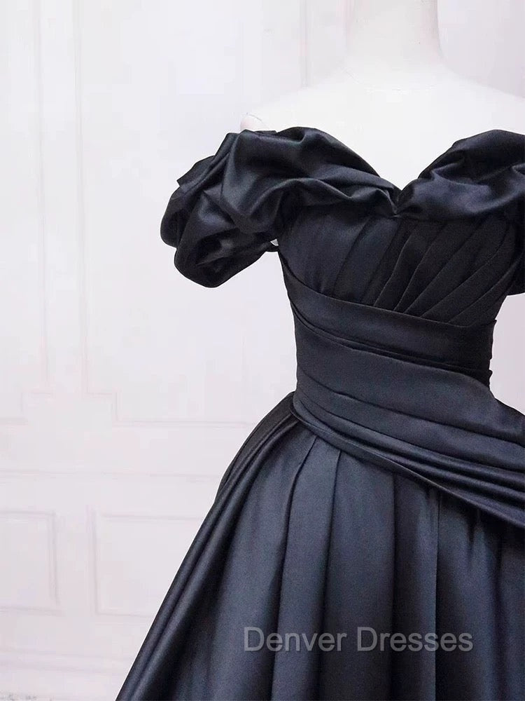 Pretty Ball Gown Off The Shoulder Black Satin Prom Dress Evening Dress With Pleated