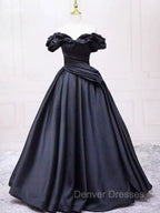 Pretty Ball Gown Off The Shoulder Black Satin Prom Dress Evening Dress With Pleated
