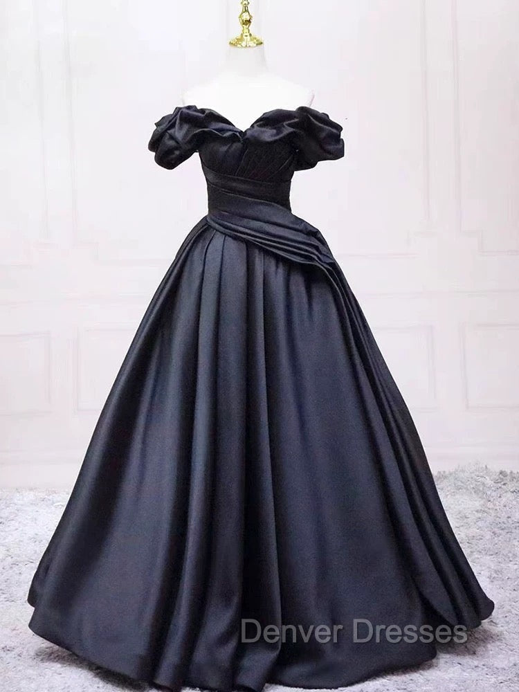 Pretty Ball Gown Off The Shoulder Black Satin Prom Dress Evening Dress With Pleated