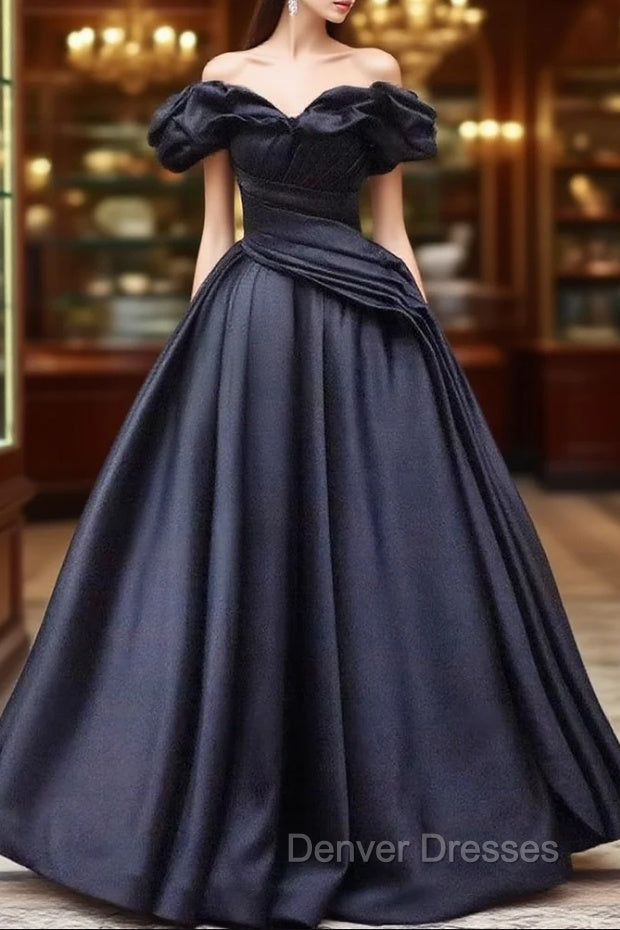 Pretty Ball Gown Off The Shoulder Black Satin Prom Dress Evening Dress With Pleated Main image