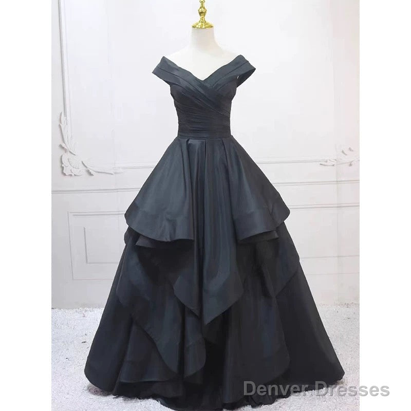 Pretty Ball Gown Off The Shoulder Black Satin Prom Dresses Evening Dress Main image