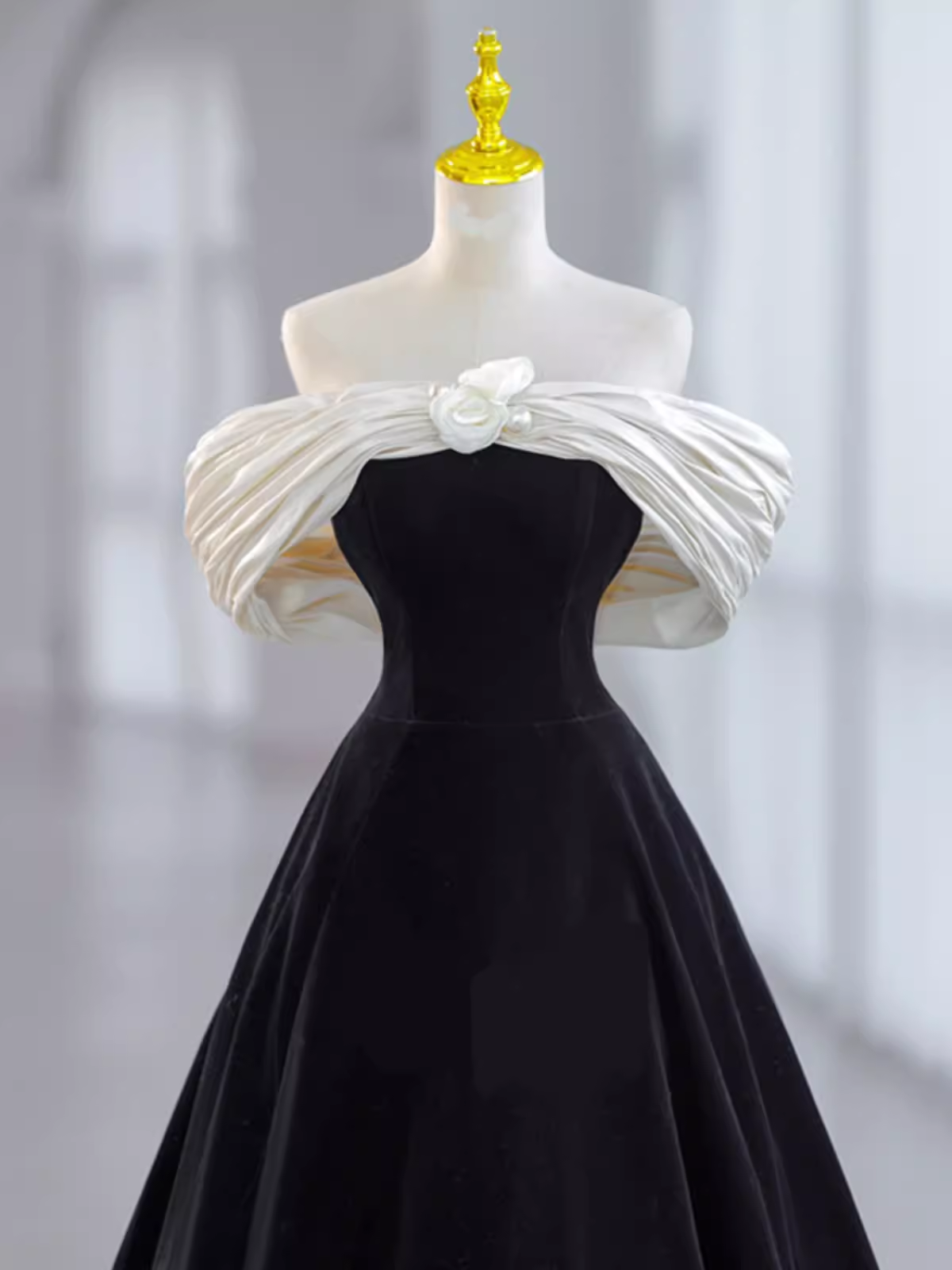 Pretty Ball Gown Off The Shoulder Black Velvet Evening Party Dress Prom Dress With Flower PD0043