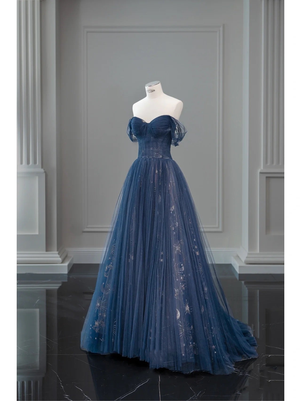Pretty Ball Gown Off The Shoulder Navy Blue Tulle Long Prom Dress Party Dress