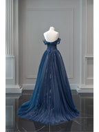 Pretty Ball Gown Off The Shoulder Navy Blue Tulle Long Prom Dress Party Dress