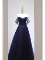 Pretty Ball Gown Off The Shoulder Navy Blue Tulle Long Prom Dress Party Dress