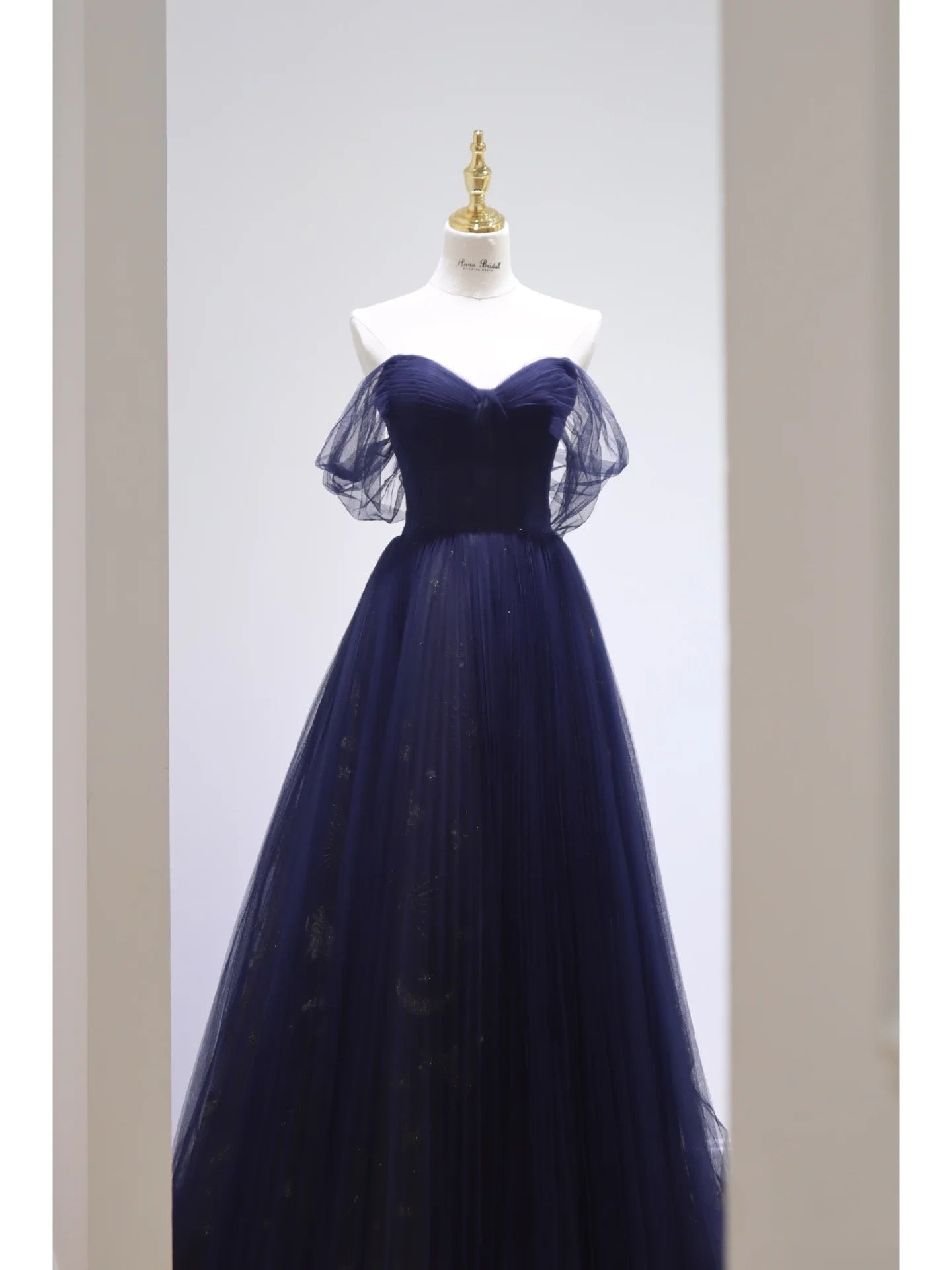 Pretty Ball Gown Off The Shoulder Navy Blue Tulle Long Prom Dress Party Dress