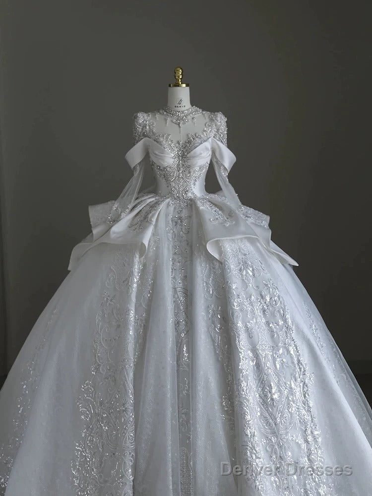 Pretty Ball Gown Scoop Neckline Long Sleeves Sequin White Wedding Dresses Brides Dress
