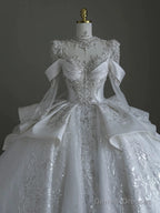 Pretty Ball Gown Scoop Neckline Long Sleeves Sequin White Wedding Dresses Brides Dress