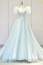 Pretty Ball Gown Square Neckline Short Sleeves Long Evening Party Dress Prom Dress