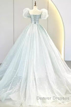 Pretty Ball Gown Square Neckline Short Sleeves Long Evening Party Dress Prom Dress