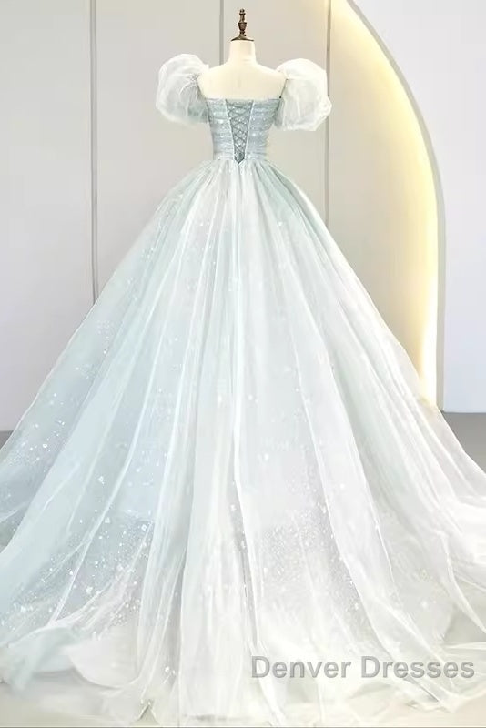 Pretty Ball Gown Square Neckline Short Sleeves Long Evening Party Dress Prom Dress