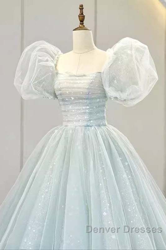 Pretty Ball Gown Square Neckline Short Sleeves Long Evening Party Dress Prom Dress