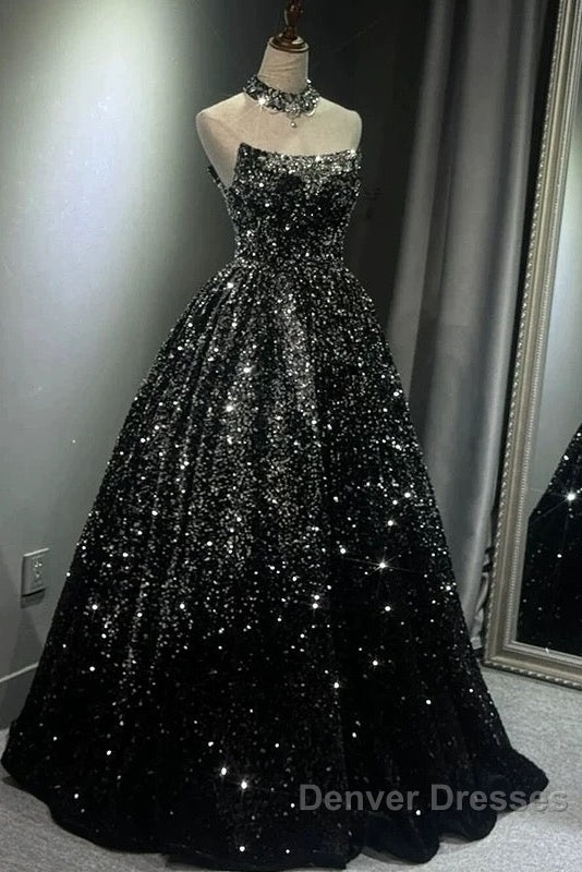 Pretty Ball Gown Strapless Black Sequin Prom Dress Evening Dress Secondary image