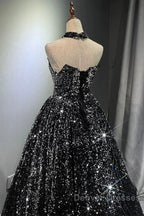 Pretty Ball Gown Strapless Black Sequin Prom Dress Evening Dress