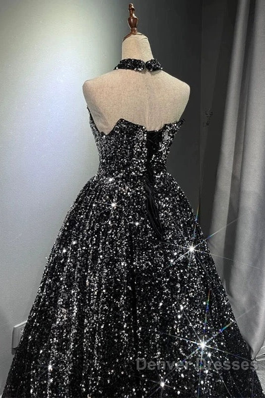 Pretty Ball Gown Strapless Black Sequin Prom Dress Evening Dress
