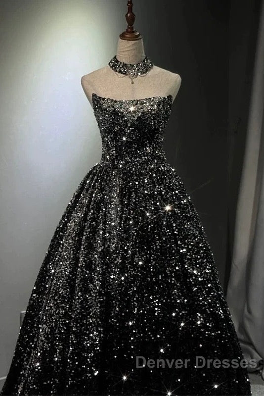 Pretty Ball Gown Strapless Black Sequin Prom Dress Evening Dress