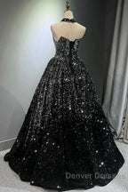 Pretty Ball Gown Strapless Black Sequin Prom Dress Evening Dress
