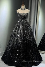 Pretty Ball Gown Strapless Black Sequin Prom Dress Evening Dress