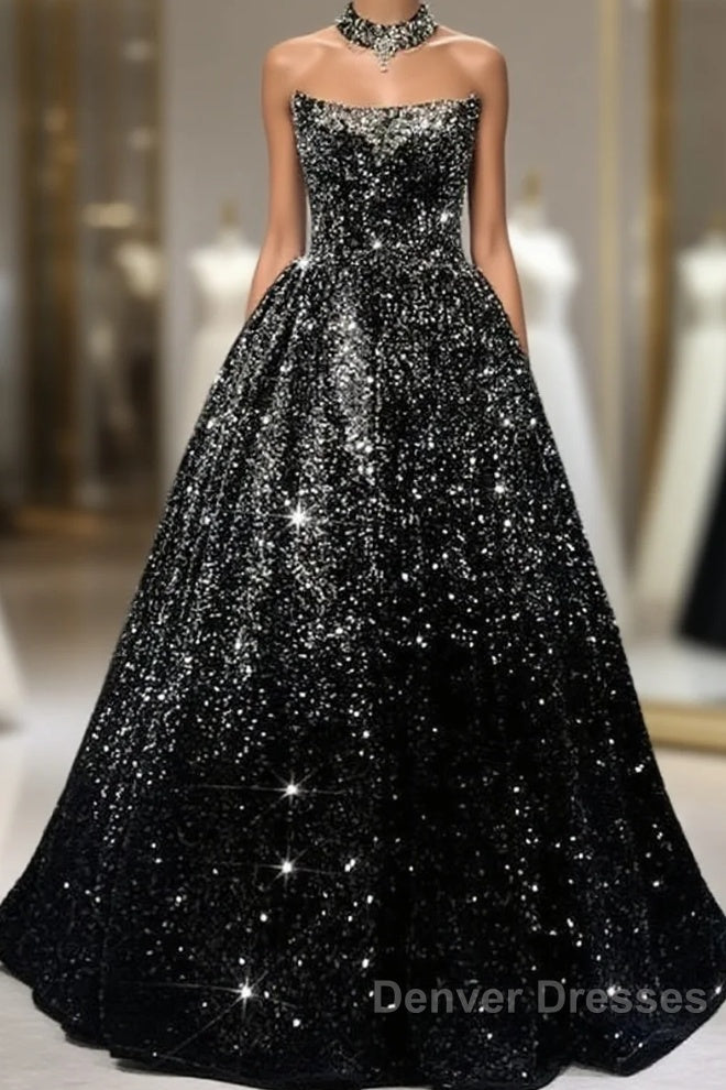 Pretty Ball Gown Strapless Black Sequin Prom Dress Evening Dress Main image
