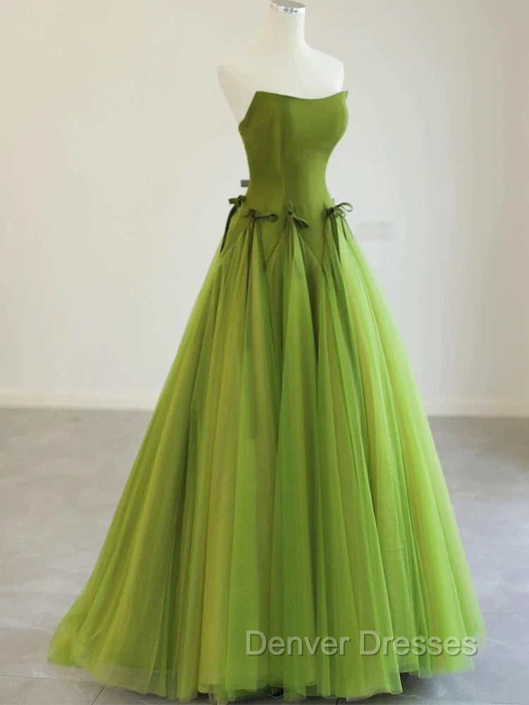 Pretty Ball Gown Strapless Bud Green Tulle Prom Dress Evening Dress